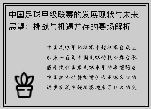 中国足球甲级联赛的发展现状与未来展望：挑战与机遇并存的赛场解析