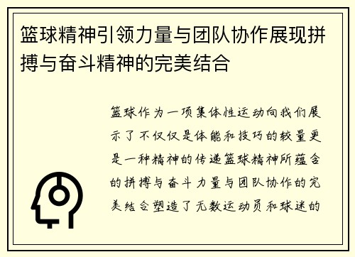 篮球精神引领力量与团队协作展现拼搏与奋斗精神的完美结合