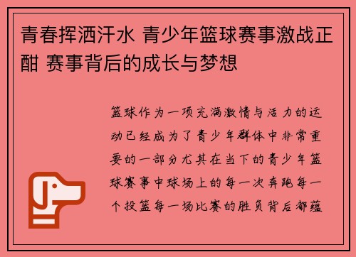 青春挥洒汗水 青少年篮球赛事激战正酣 赛事背后的成长与梦想