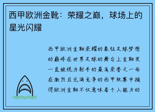 西甲欧洲金靴：荣耀之巅，球场上的星光闪耀