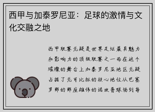 西甲与加泰罗尼亚：足球的激情与文化交融之地