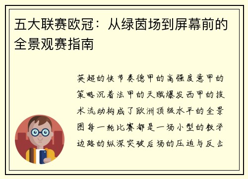五大联赛欧冠：从绿茵场到屏幕前的全景观赛指南