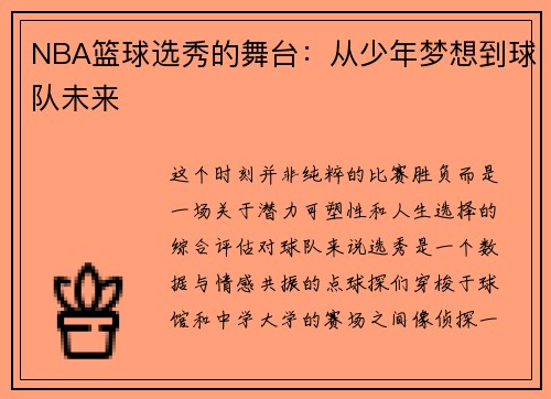 NBA篮球选秀的舞台：从少年梦想到球队未来