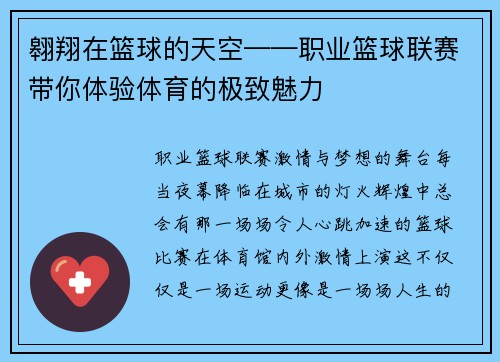 翱翔在篮球的天空——职业篮球联赛带你体验体育的极致魅力